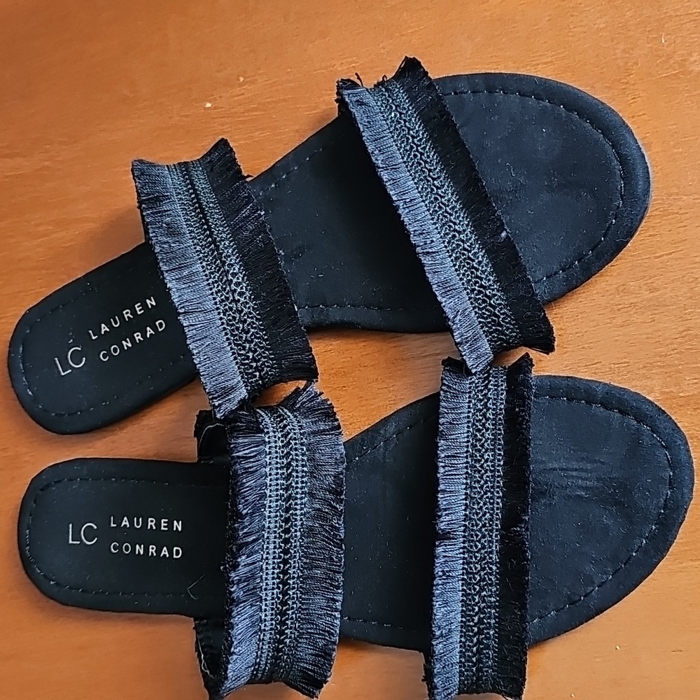 LC Lauren Conrad Black Fringe Sandal Slides